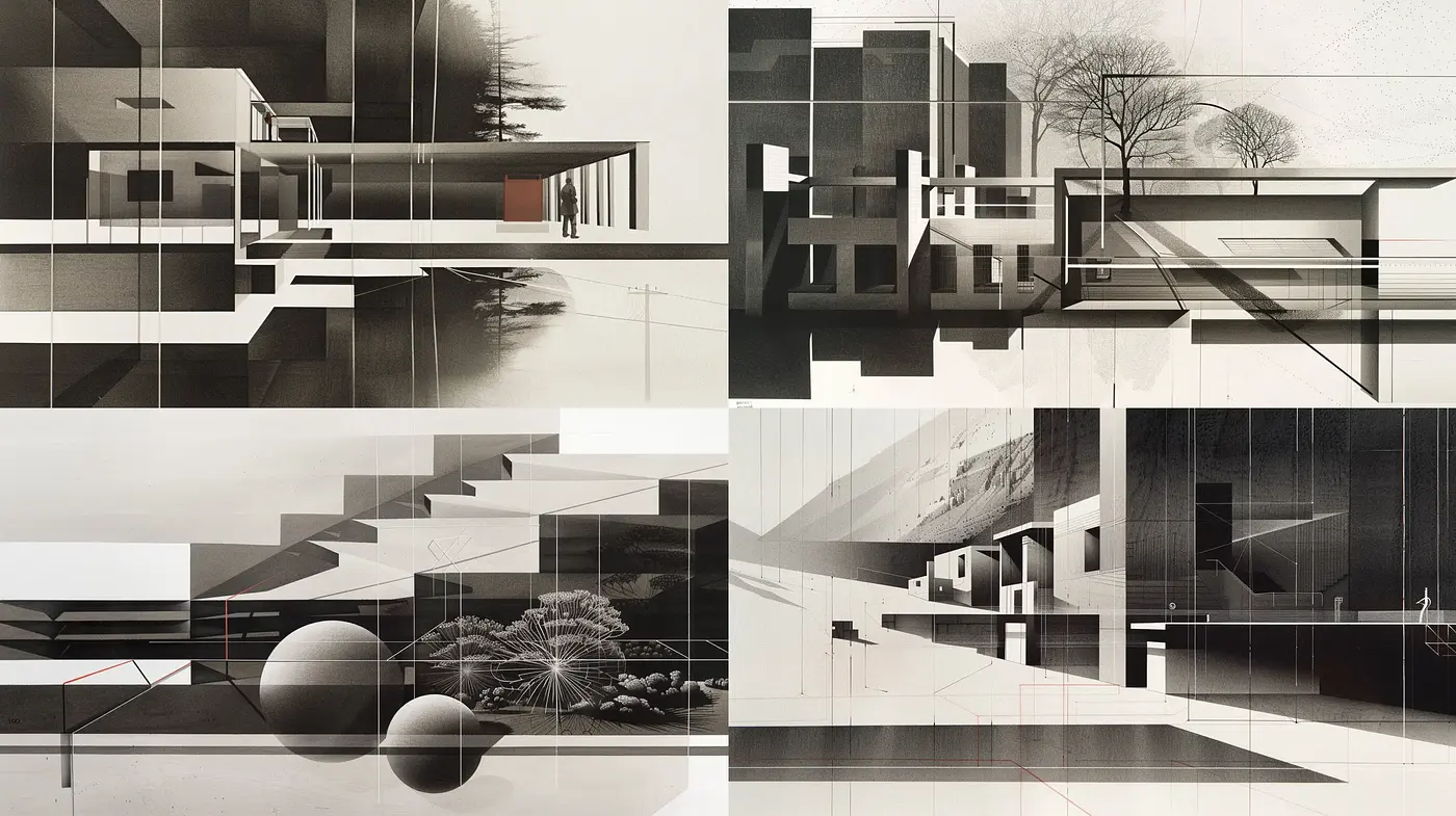 Monochrome Architectural Abstraction with Surrealist Influences - Midjourney sref style