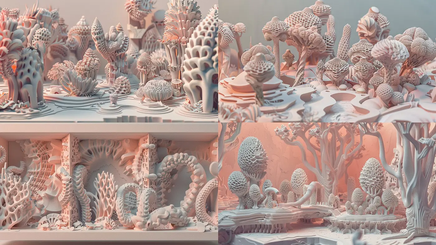 Whimsical Coral Dreamscape: A Surreal Fusion of Pastel Tones and Organic Textures - Midjourney sref style