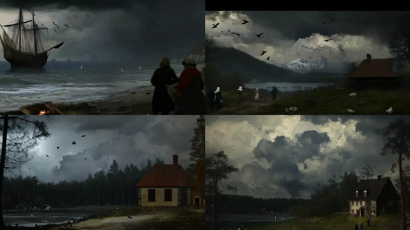 Brooding Skyscapes and Rustic Serenity in Artistic Renderings - Midjourney sref style