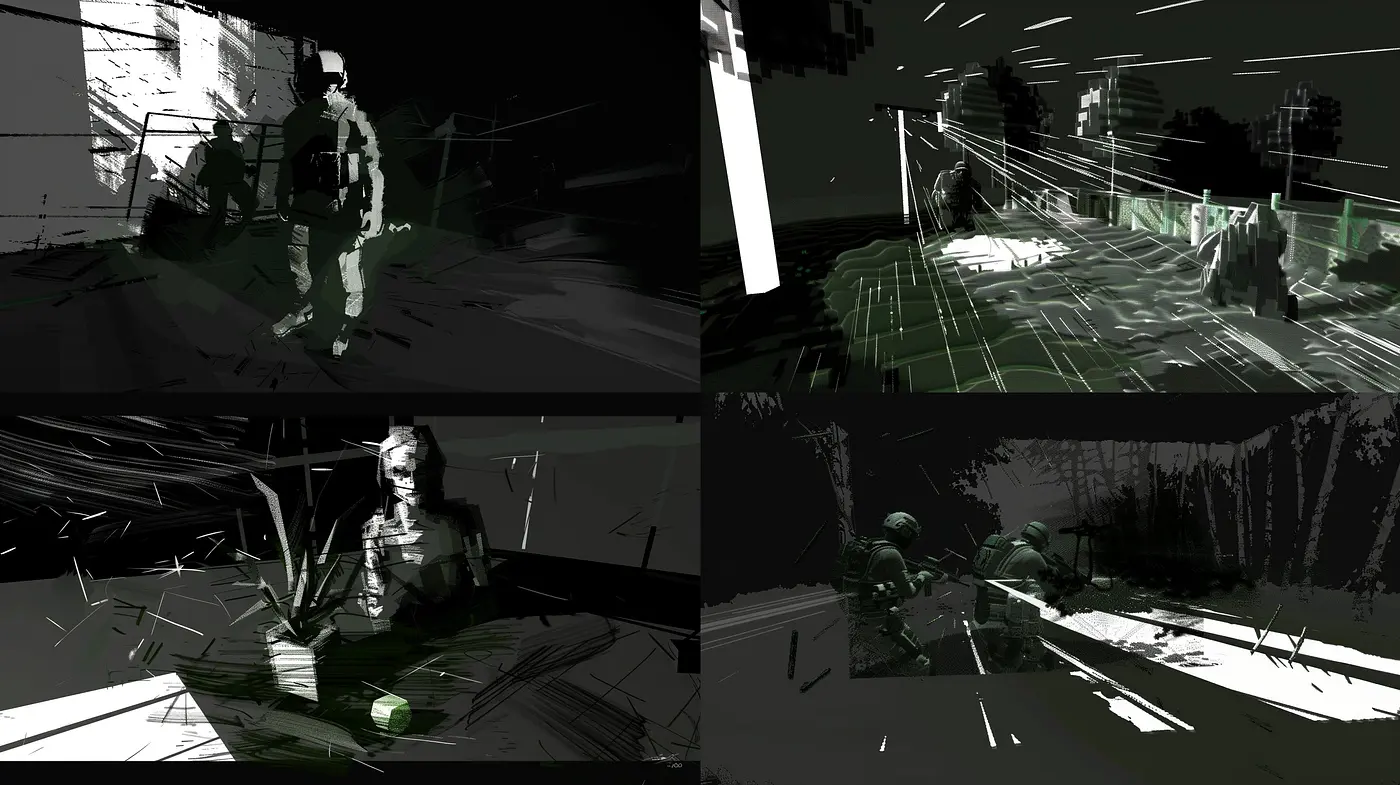 Monochromatic Sketch-like Visions in Digital Noir - Midjourney sref style