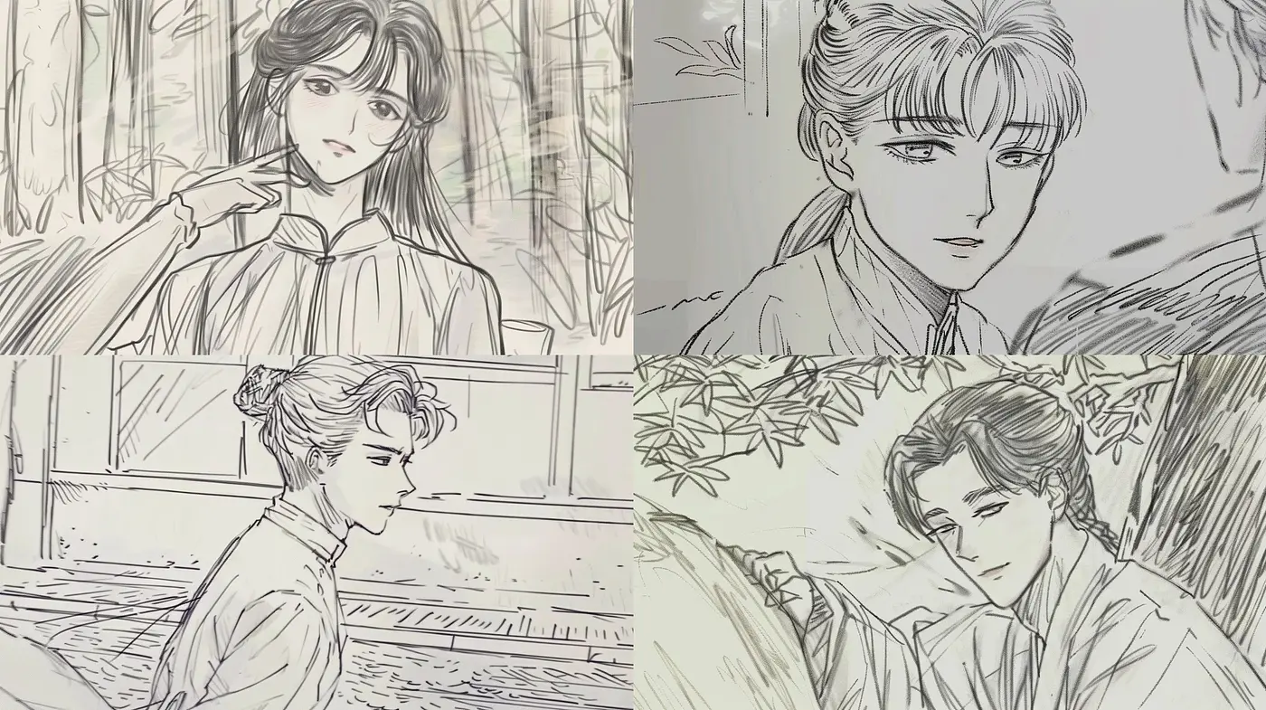 Monochromatic Serenity in Sketch: A Homogeneous Fusion of Pencil Shading and Anime Elegance - Midjourney sref style