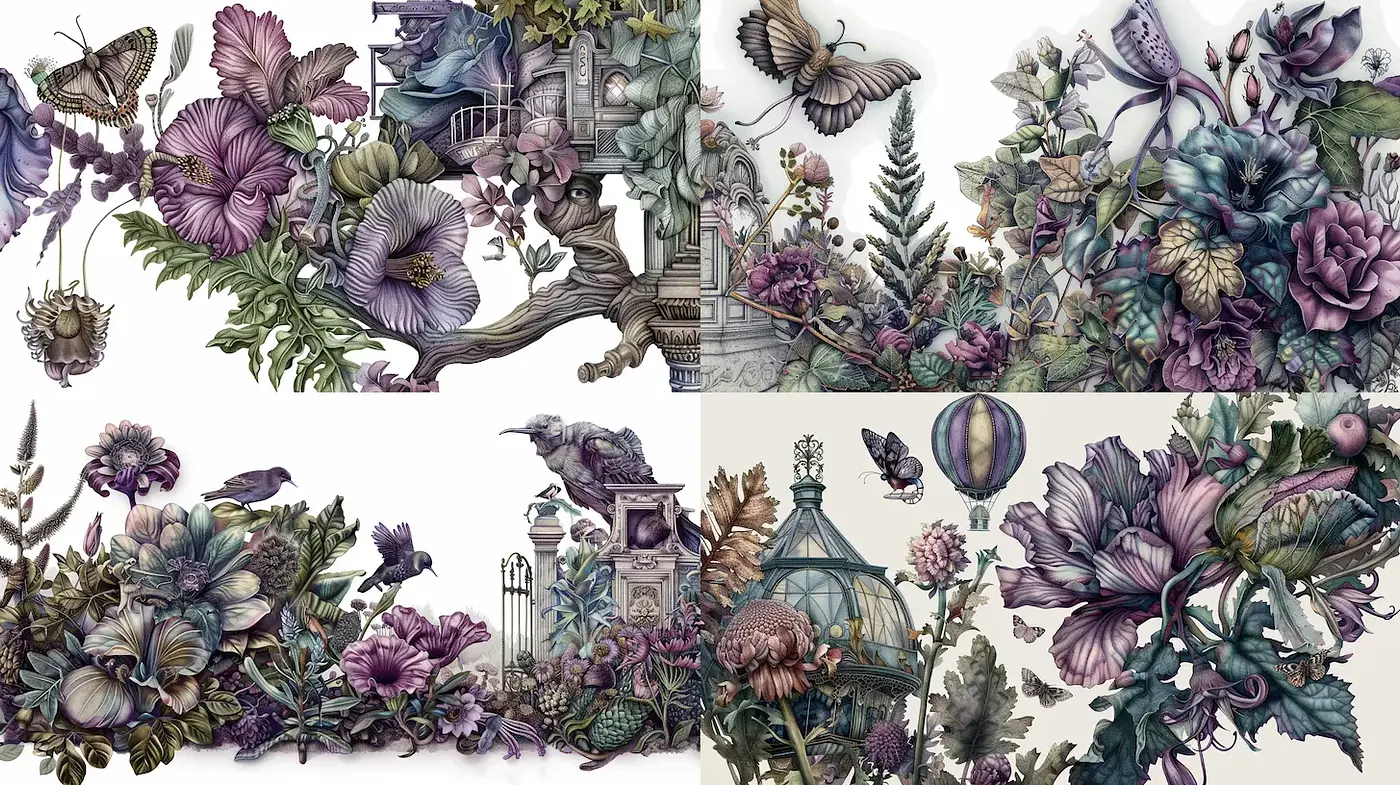 Intricate Botanical Illustrations with Fantasy Elements - Midjourney sref style