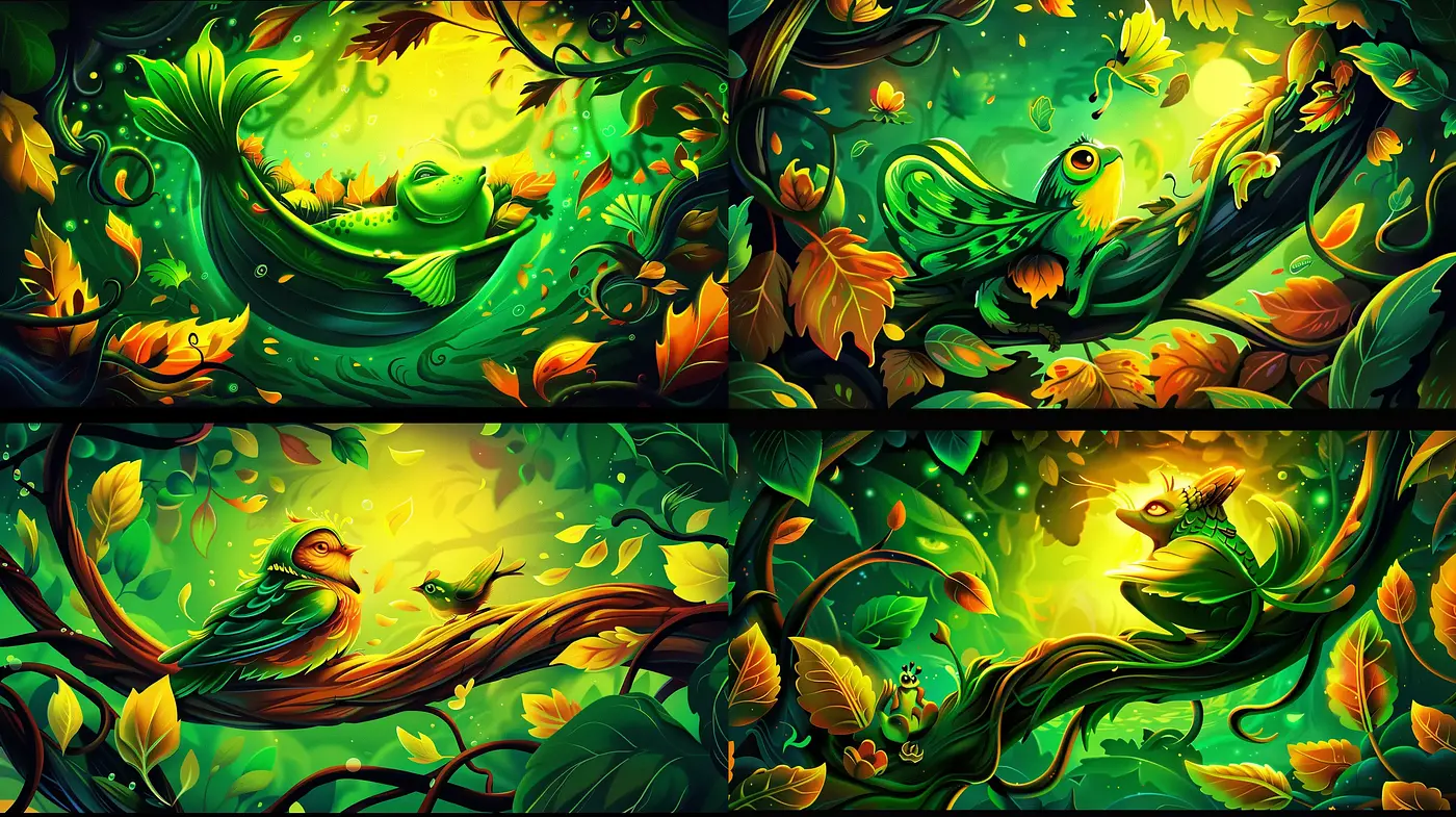 Enchanted Verdant Dreamscape with Vibrant Fauna Flourishes - Midjourney sref style