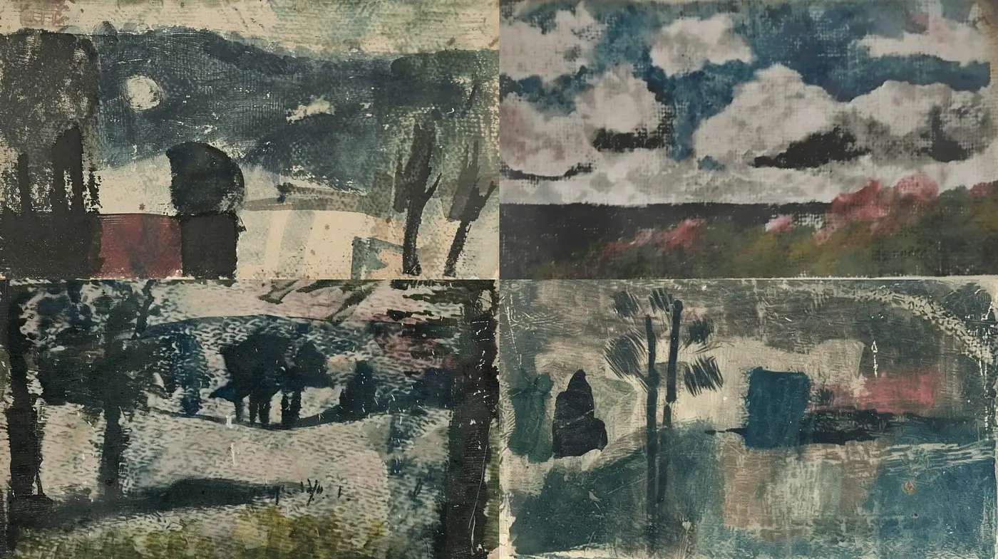 Abstracted Figurative Landscapes Rendered in Shades of Melancholy and Dusk - Midjourney sref style
