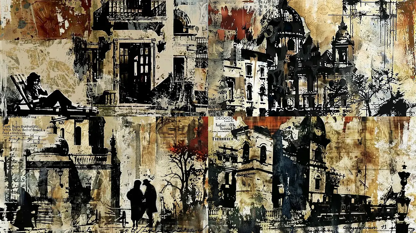 Decayed Urban Elegance Through Grunge and Collage Techniques - Midjourney sref style