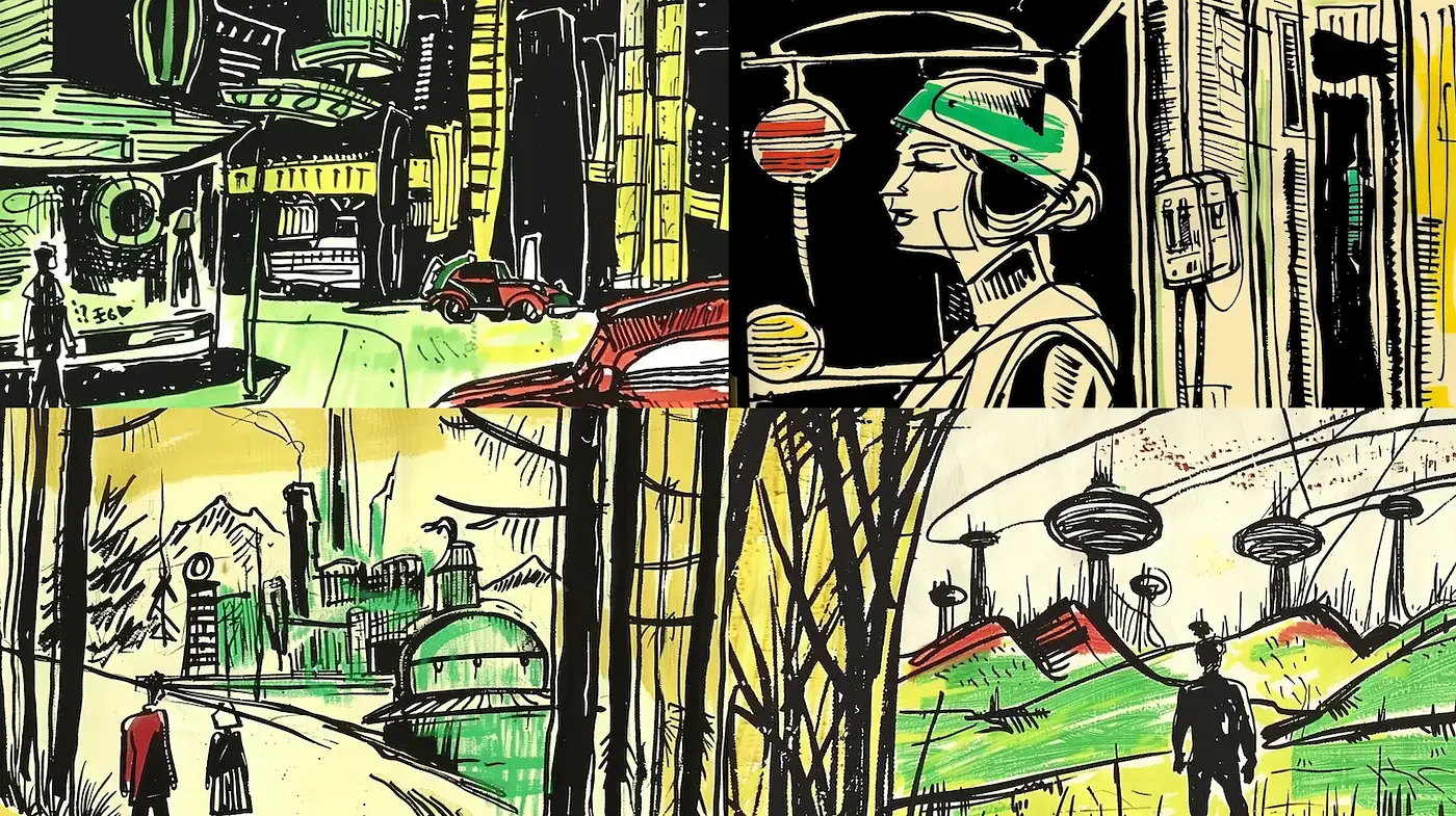 Stylized Scenes Combining Futuristic and Vintage Elements with a Graphic Novel Aesthetic - Midjourney sref style
