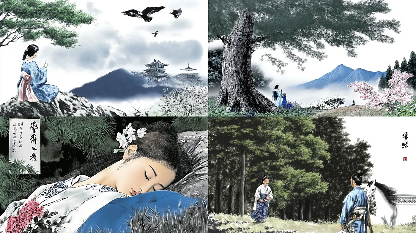Tranquil East Asian Ink Wash Illustration Series - Midjourney sref style