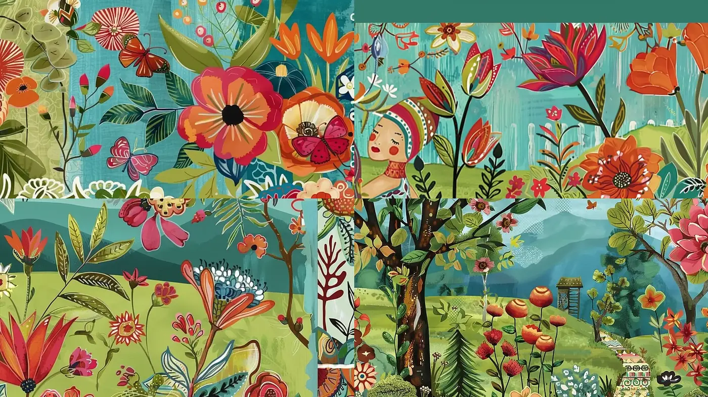 Enchanted Botanical Tapestry: A Fusion of Folk Artistry and Lush Landscapes - Midjourney sref style