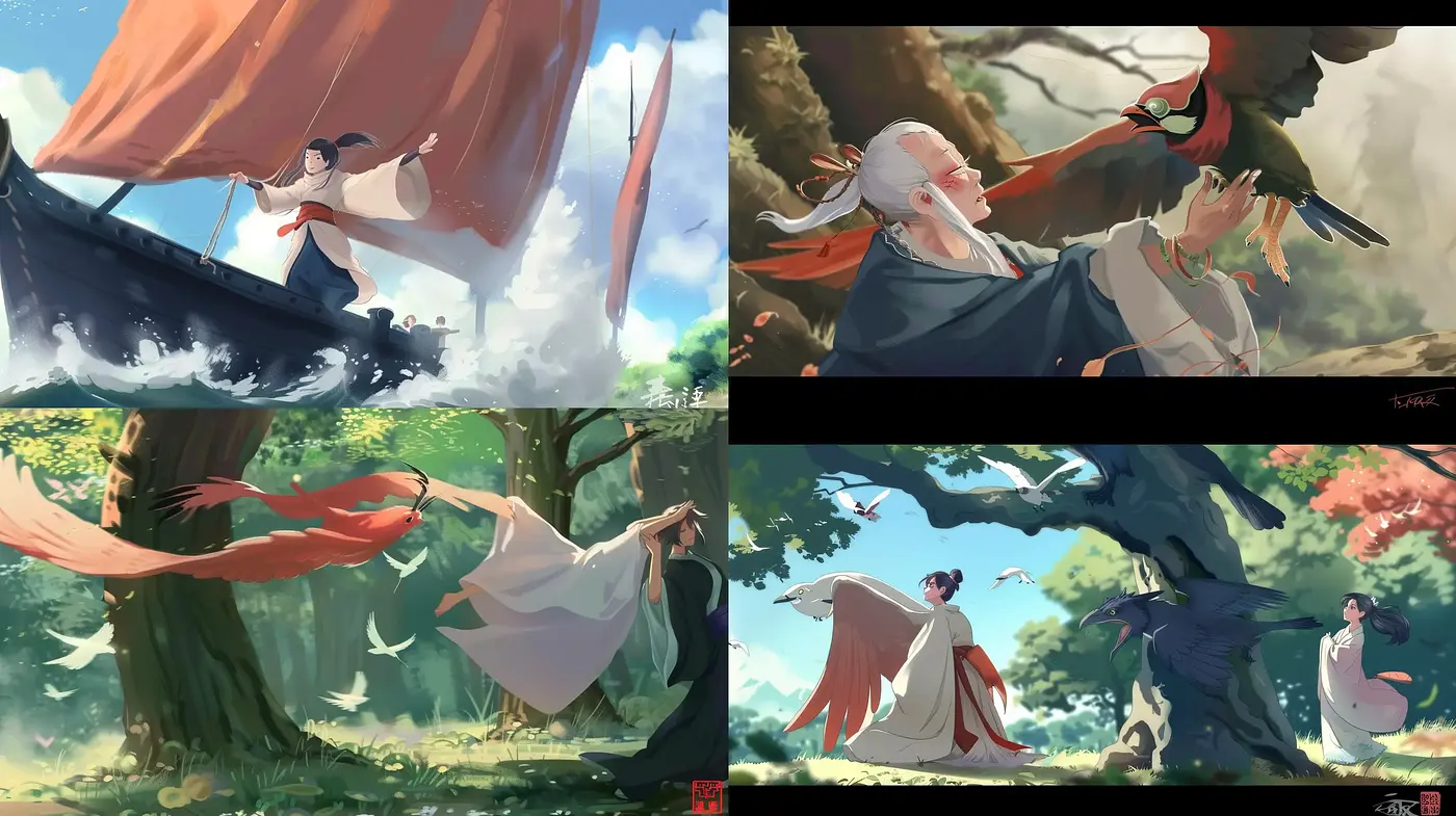 Ethereal Nature and Dynamic Fluidity in Mythical Scenes - Midjourney sref style