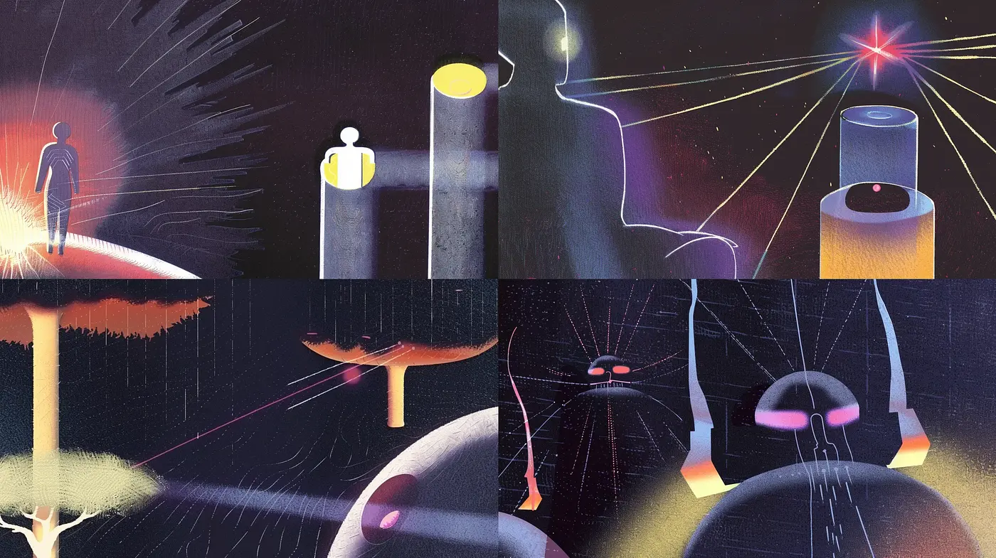 Mystical Dusk: A Symphonic Blending of Modern Expressionism and Retrofuturistic Dreams - Midjourney sref style