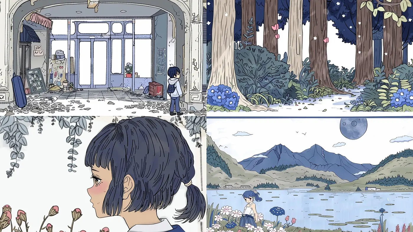 Serene Pastel Visions with Delicate Line Art in a Manga-Inspired World - Midjourney sref style