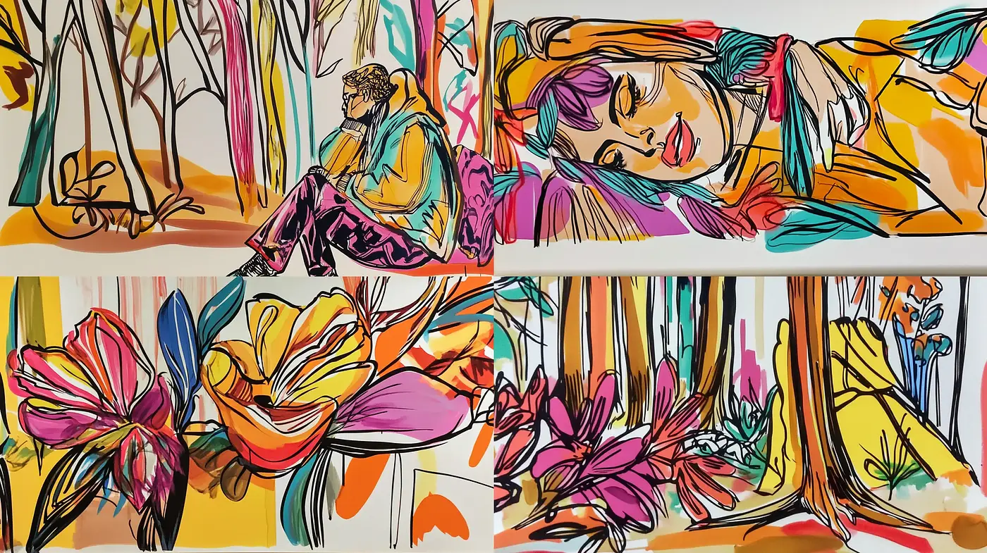 Vibrant Expressionistic Brushwork and Bold Linear Contours - Midjourney sref style