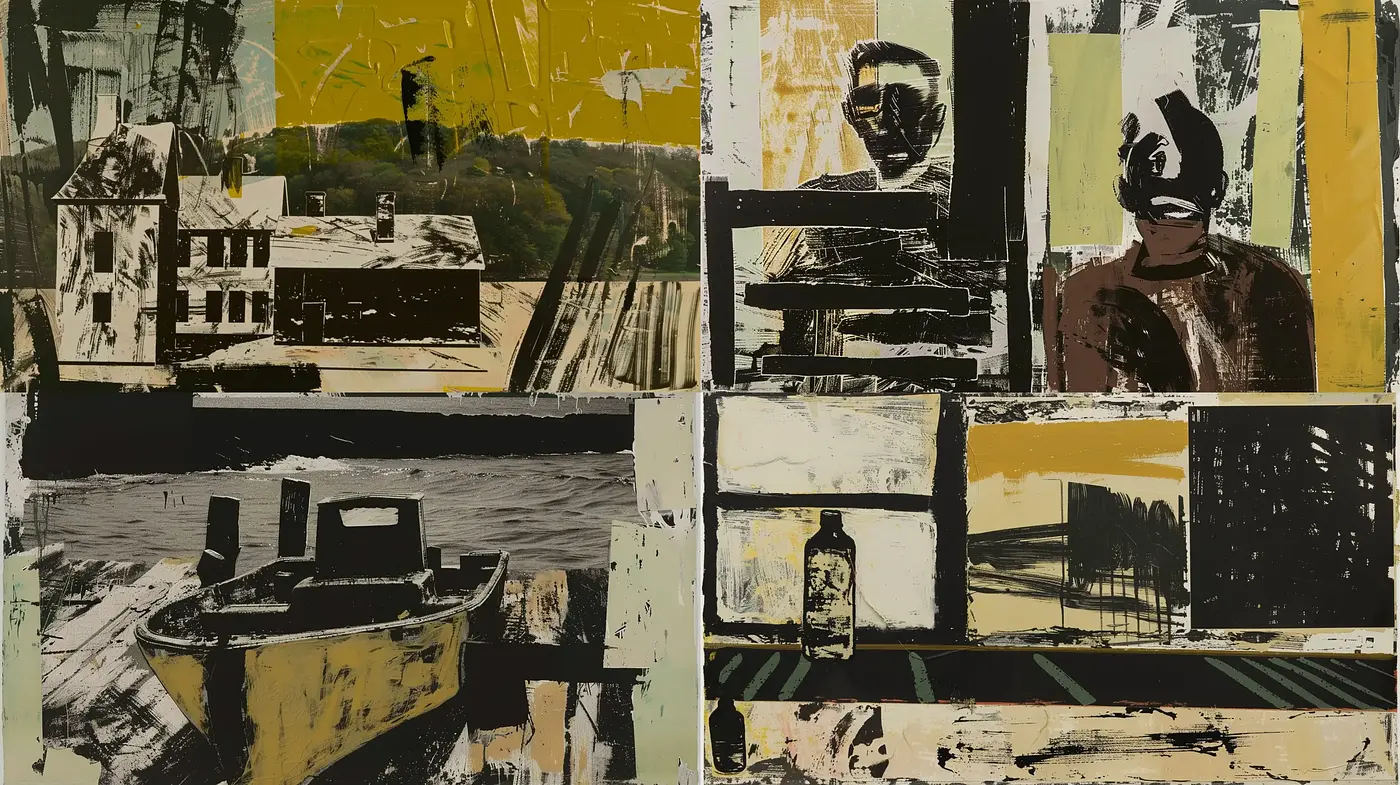 Abstract Collage Interpretations in Subdued Mustard and Slate Hues - Midjourney sref style