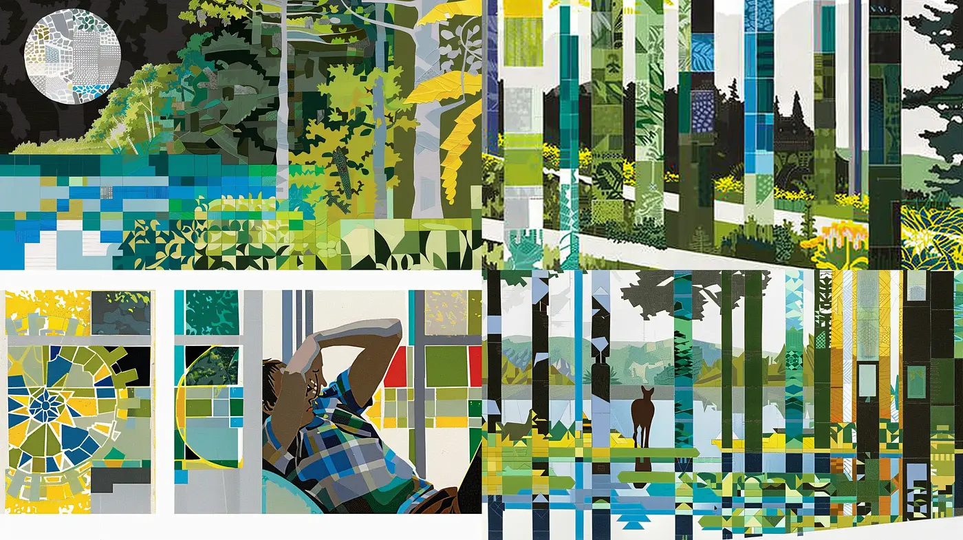 Contemporary Pixelated Geometric Landscape Collage - Midjourney sref style