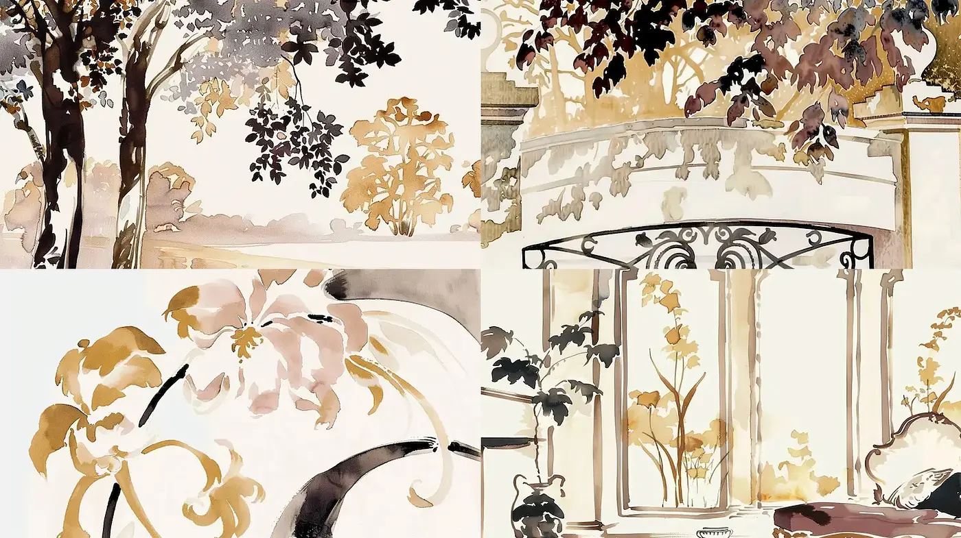 Elegant watercolor compositions with a harmonious botanical theme - Midjourney sref style