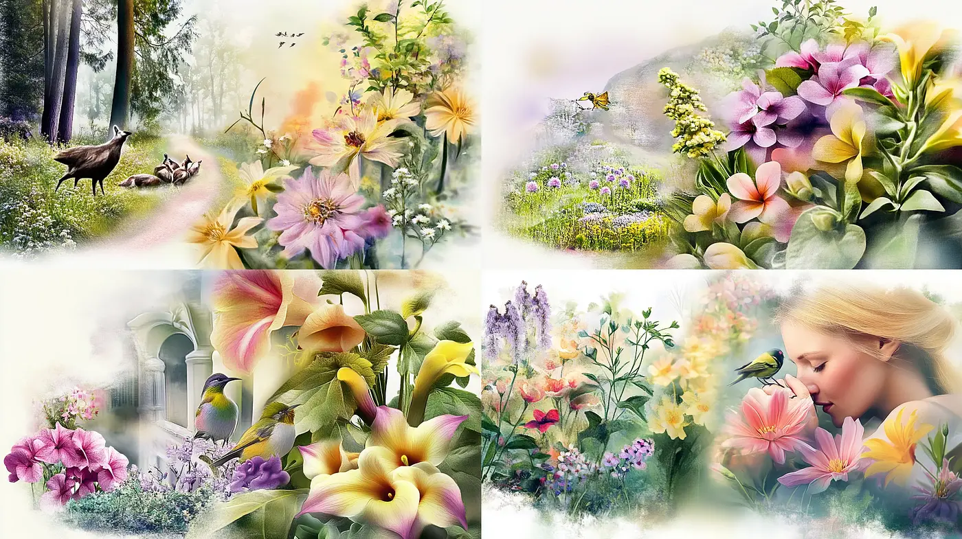 Ethereal Botanical Dreamscapes with a Luminous Palette - Midjourney sref style