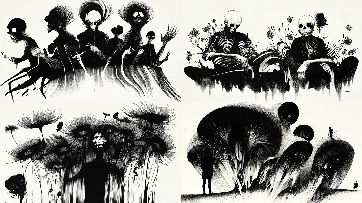 Monochromatic Phantasmagoria: Surreal Elegance in Black and White Artistry - Midjourney sref style