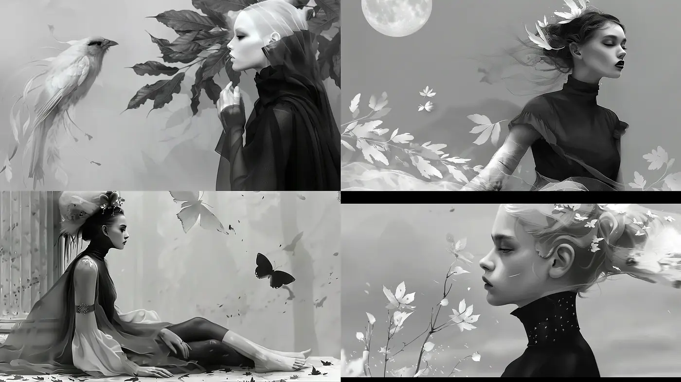 Monochromatic Whimsy: Ethereal Elegance in Greyscale Fluidity - Midjourney sref style