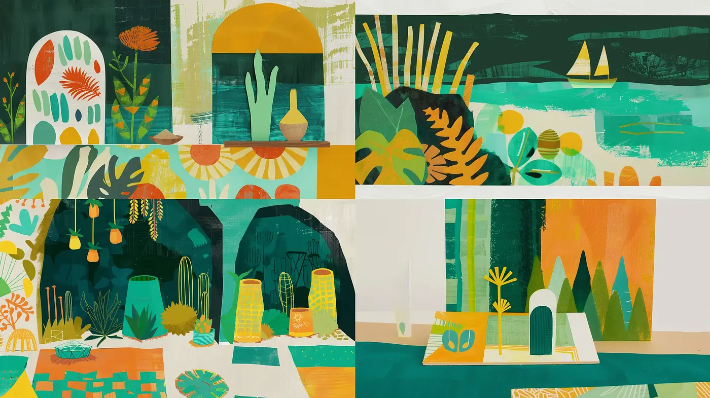 Lush Retro Botanical Harmony in Modernist Abstract Expression - Midjourney sref style