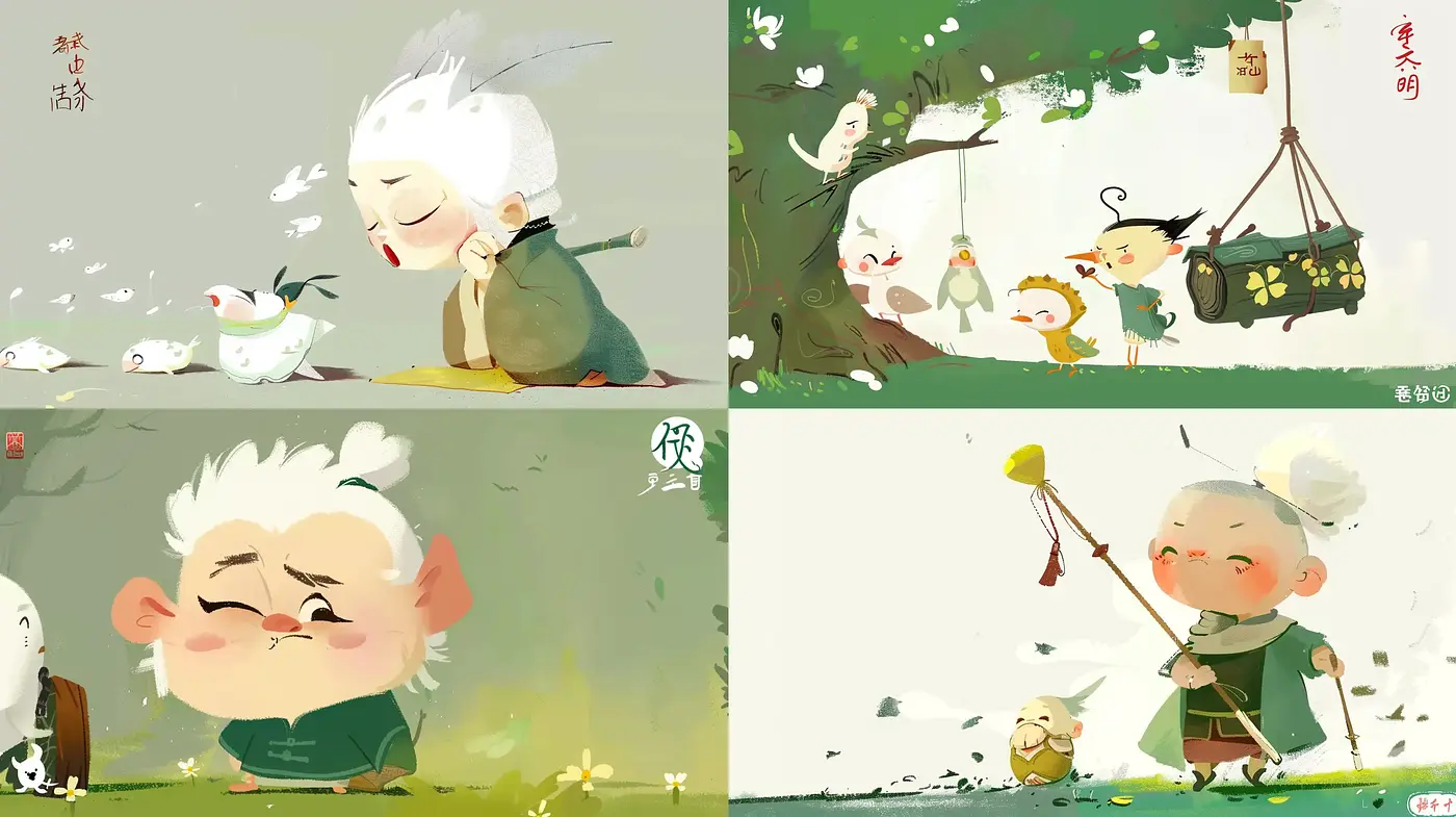 Harmonious Blends of East Asian Ink Wash with Modern Whimsical Character Art - Midjourney sref style