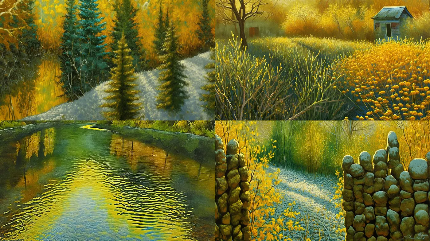 Luminous Autumnal Serenity: A Study in Textured Golds and Umbers - Midjourney sref style