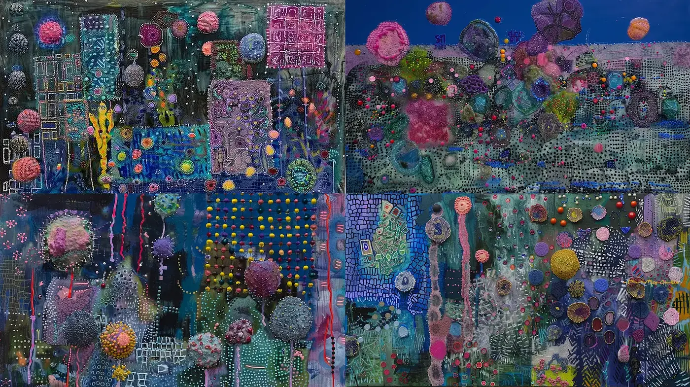 Vibrant and Textured Abstract Landscapes with Organic Forms - Midjourney sref style