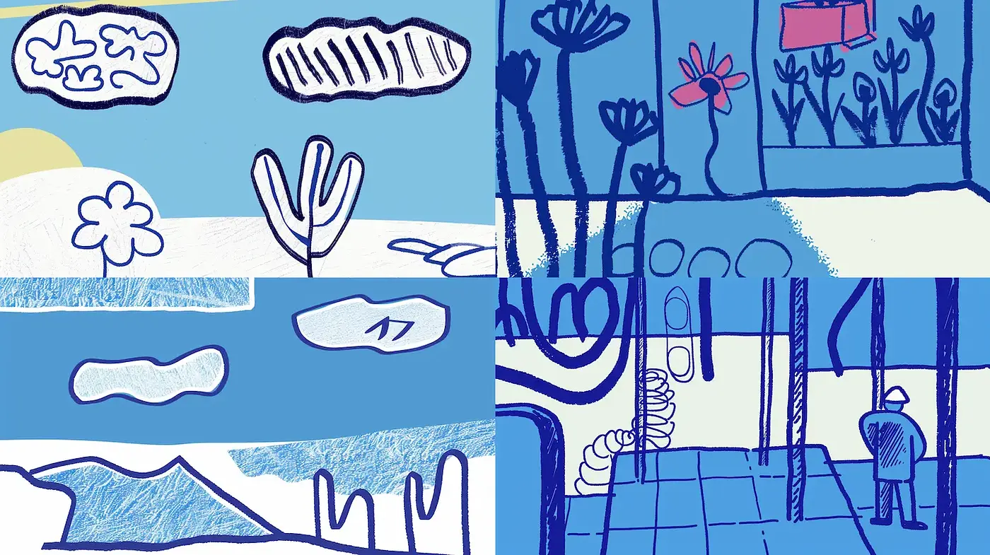 Whimsical Blue Illustrations with Minimalist Line Art - Midjourney sref style