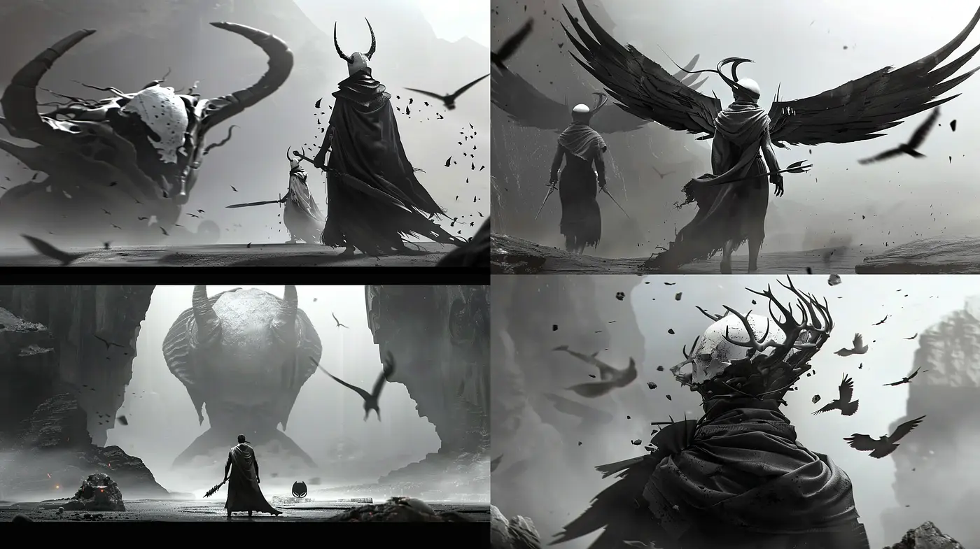 Monochromatic Ethereal Dreamscapes with Mythical Overtones - Midjourney sref style