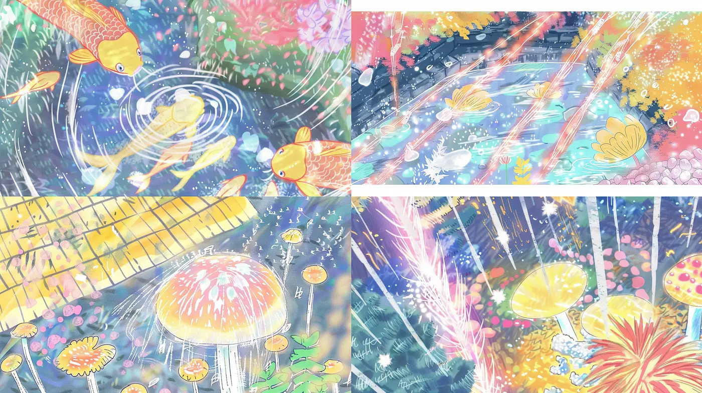 Whimsical Aquatic Dreamscape: A Vivid Mélange of Watercolor-like Fantasy - Midjourney sref style