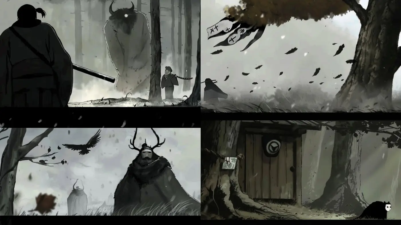 Ephemeral Shades of Monochromatic Storytelling: A Melancholic Fusion of Inky Brushwork - Midjourney sref style