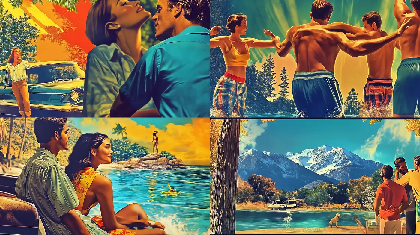 Nostalgic Sunset Hues in a Vintage-style Pictorial Panorama - Midjourney sref style