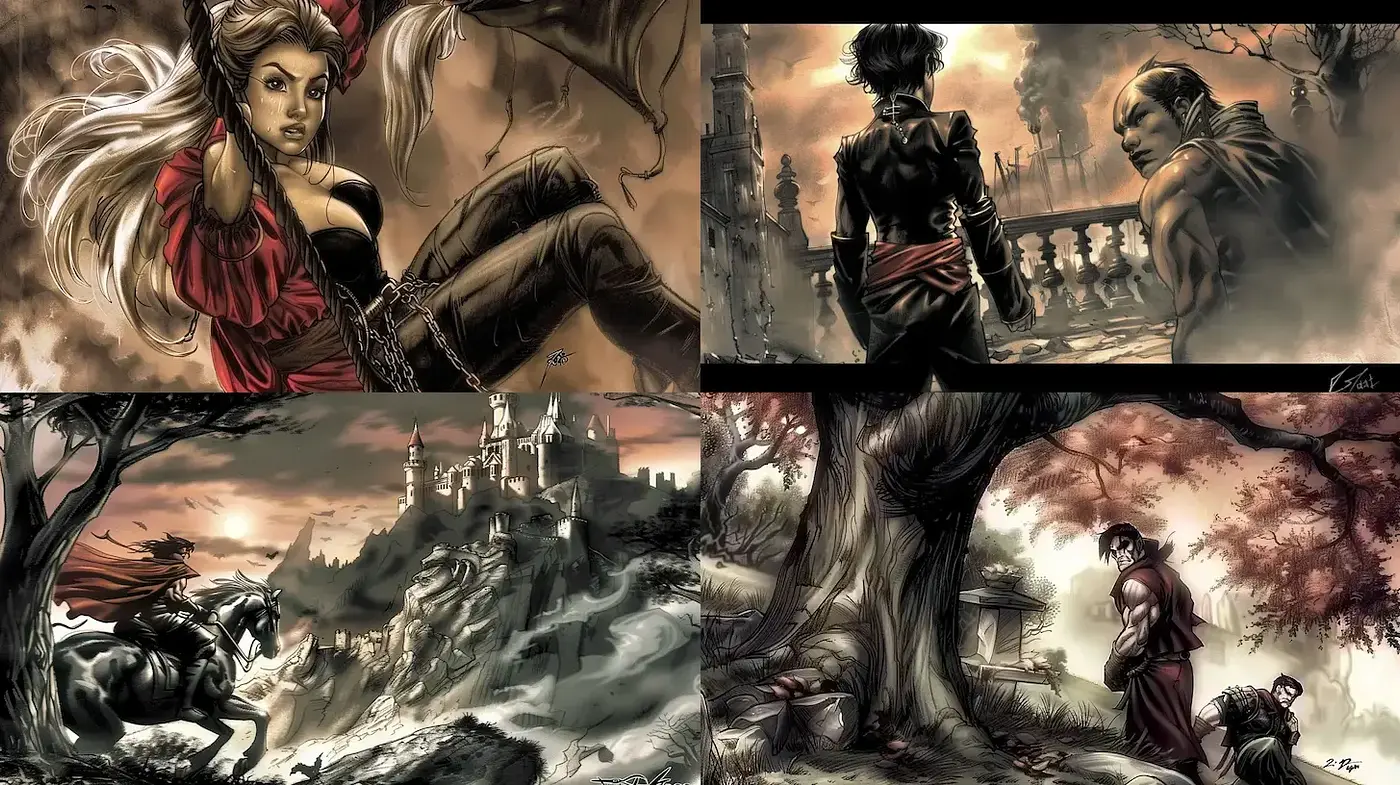 Dramatic, fantasy-inspired art with dynamic storytelling elements - Midjourney sref style