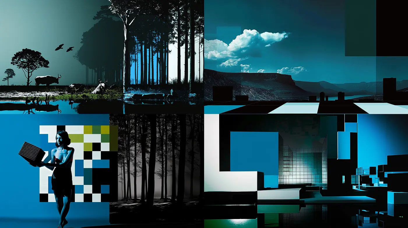 Abstract Shades of Blue: A Melancholic Fusion of Nature and Geometrical Dreams - Midjourney sref style