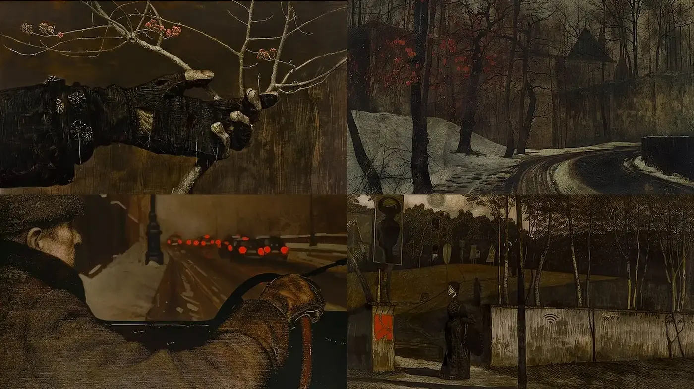 Melancholic Yet Introspective Urban Landscapes with Textured Depth - Midjourney sref style
