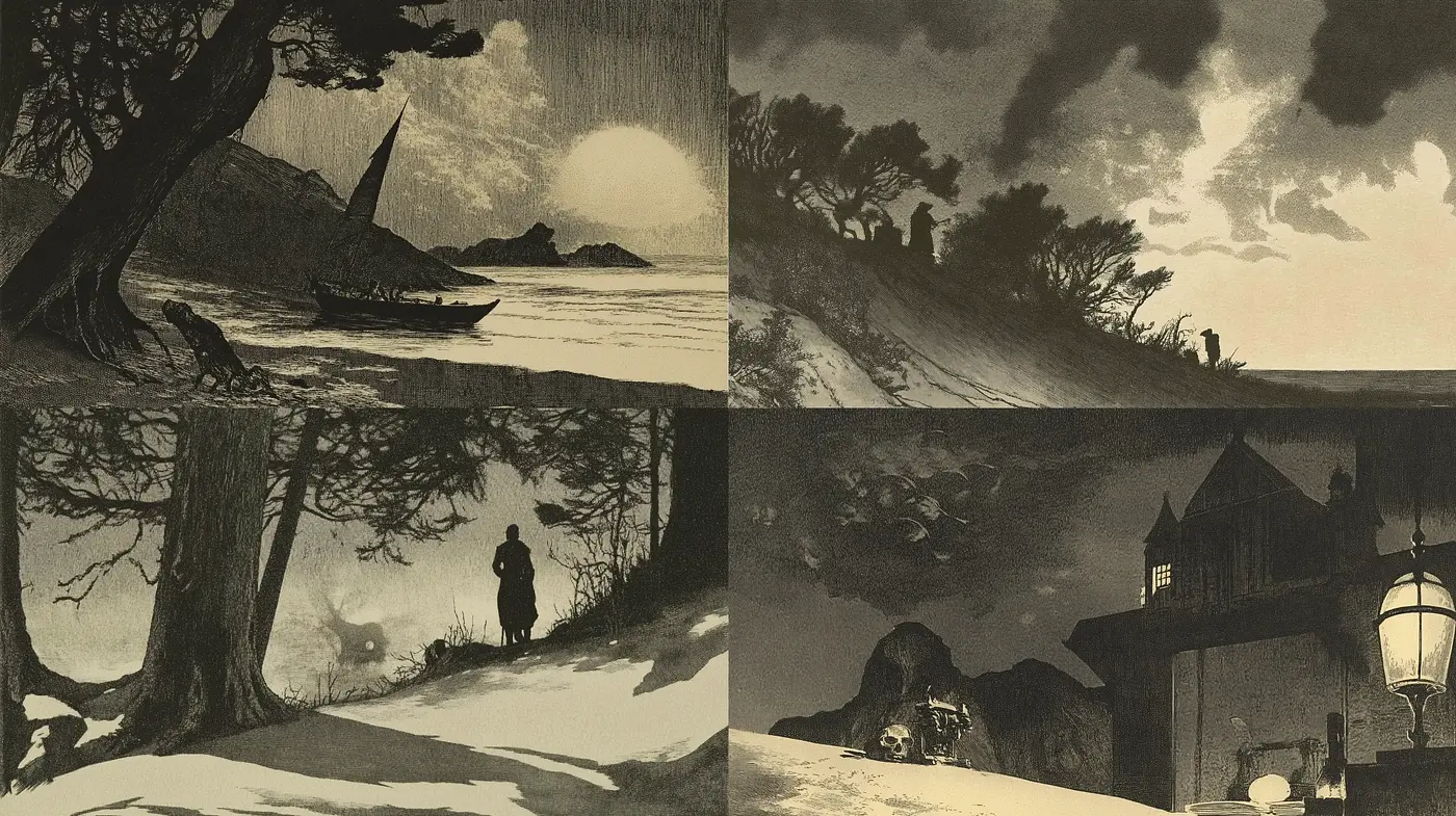 Monochromatic Twilight: An Homage to Vintage Etching Techniques - Midjourney sref style