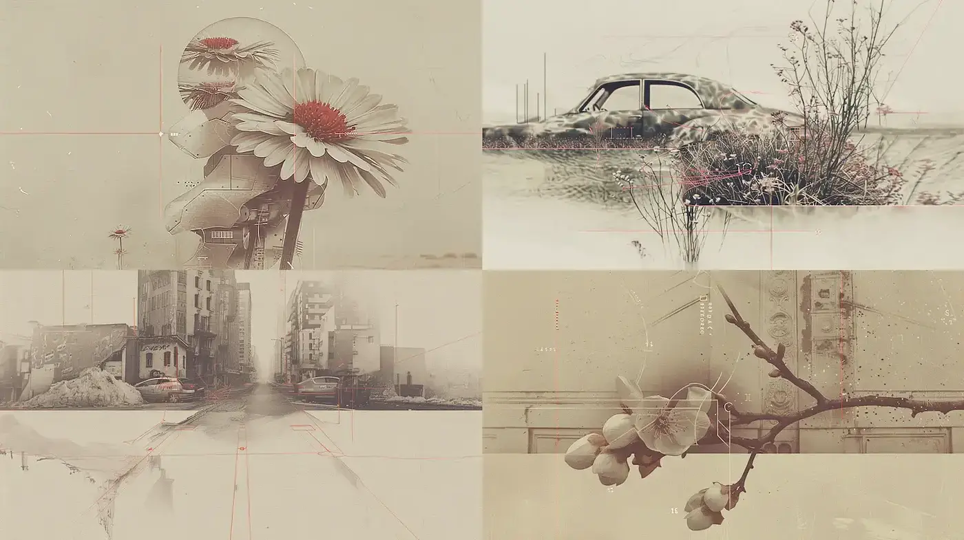 Surreal vintage imagery with organic and urban elements - Midjourney sref style