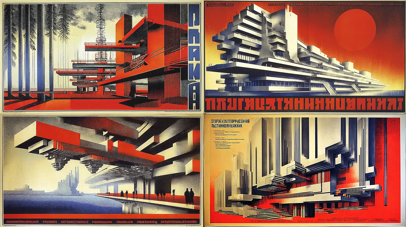 Futuristic Constructivist Aesthetic with Bold Color Schemes and Geometric Forms - Midjourney sref style
