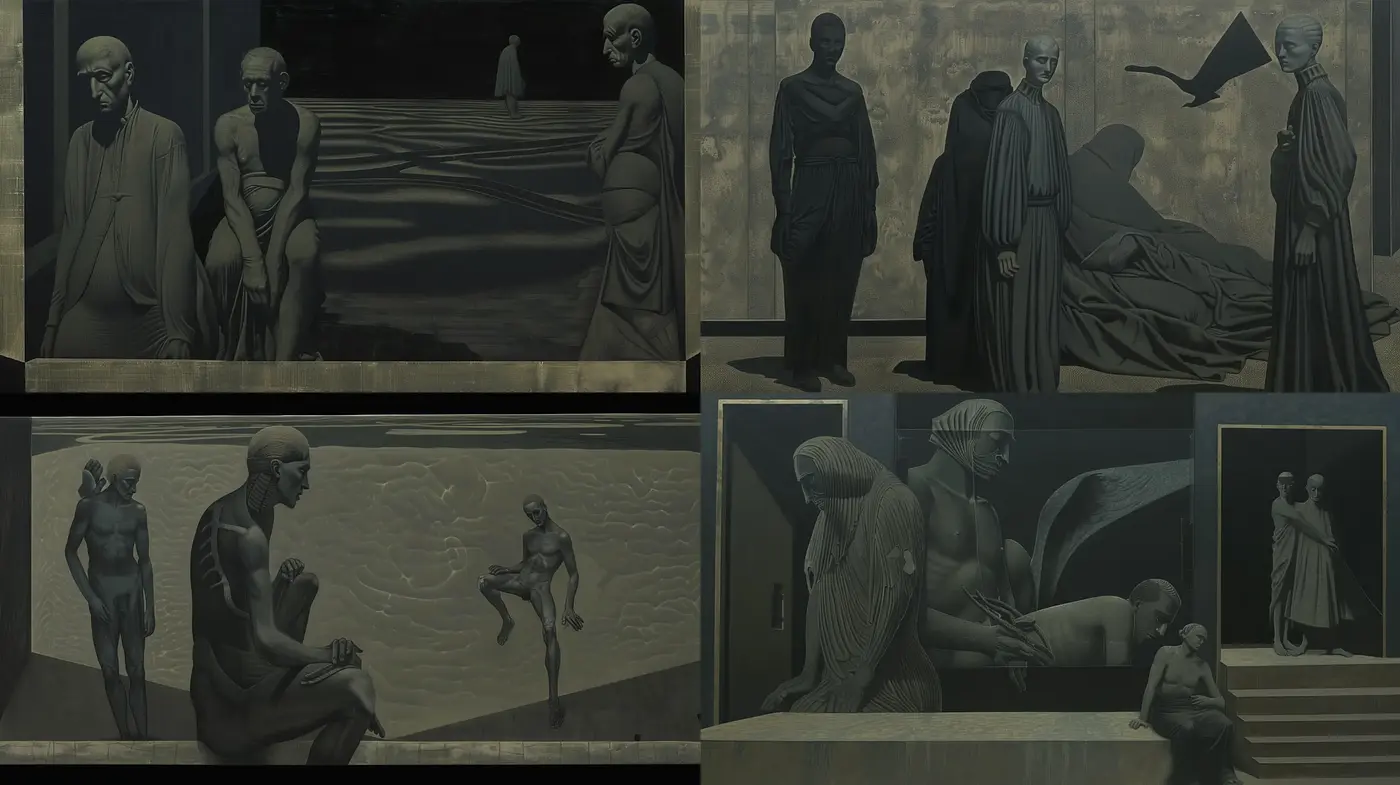 Monochromatic Elegy: A Homage to Classical Sculpture and Surreal Composition - Midjourney sref style