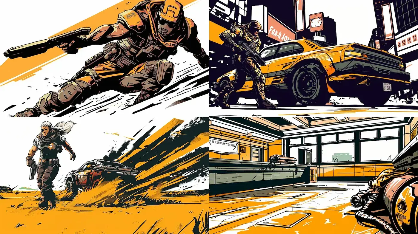 Dynamic Illustrative Ochre Fusion - Midjourney sref style