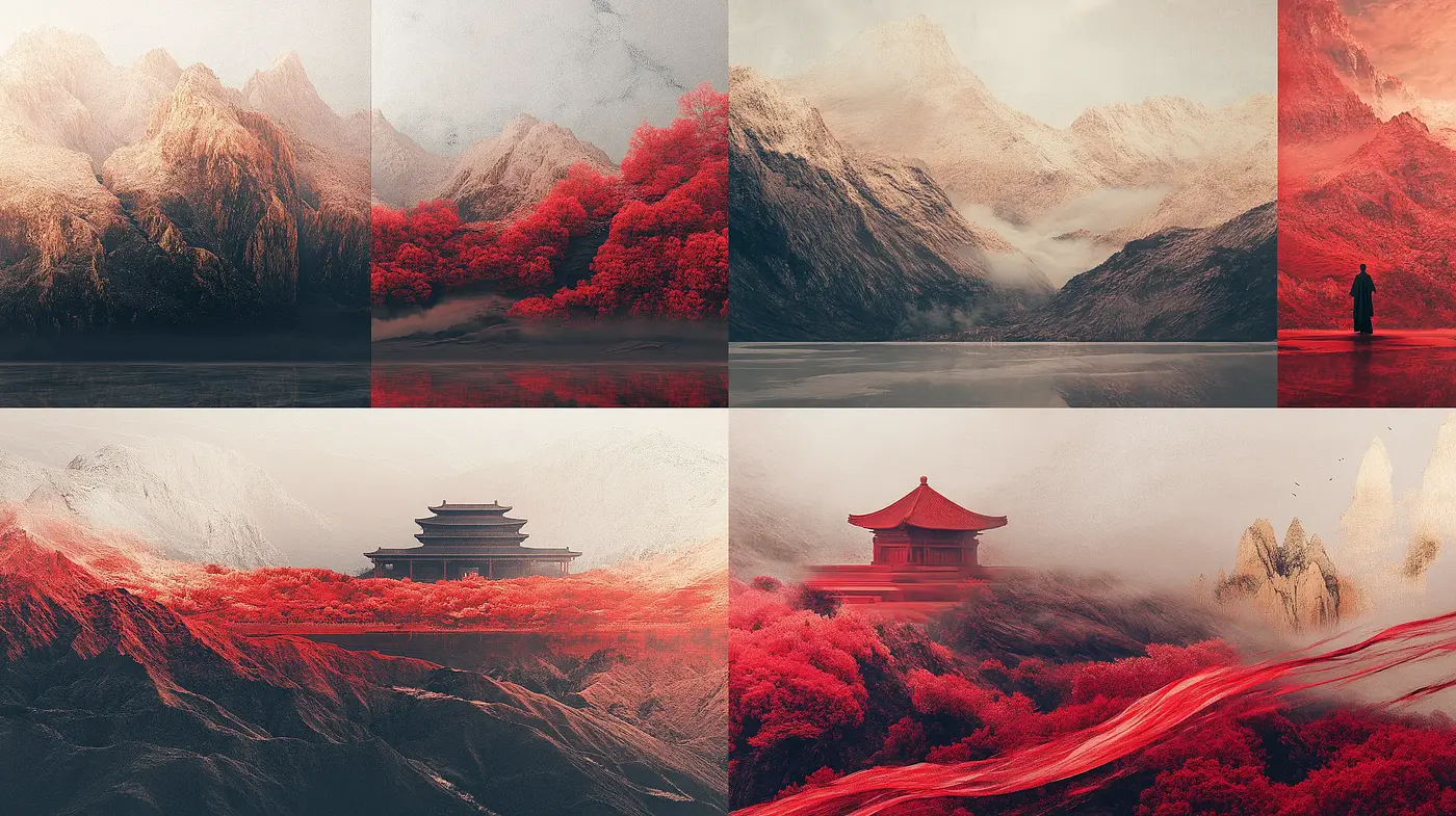 Crimson Foliage Dreamscape: A Surreal Atmospheric Journey - Midjourney sref style