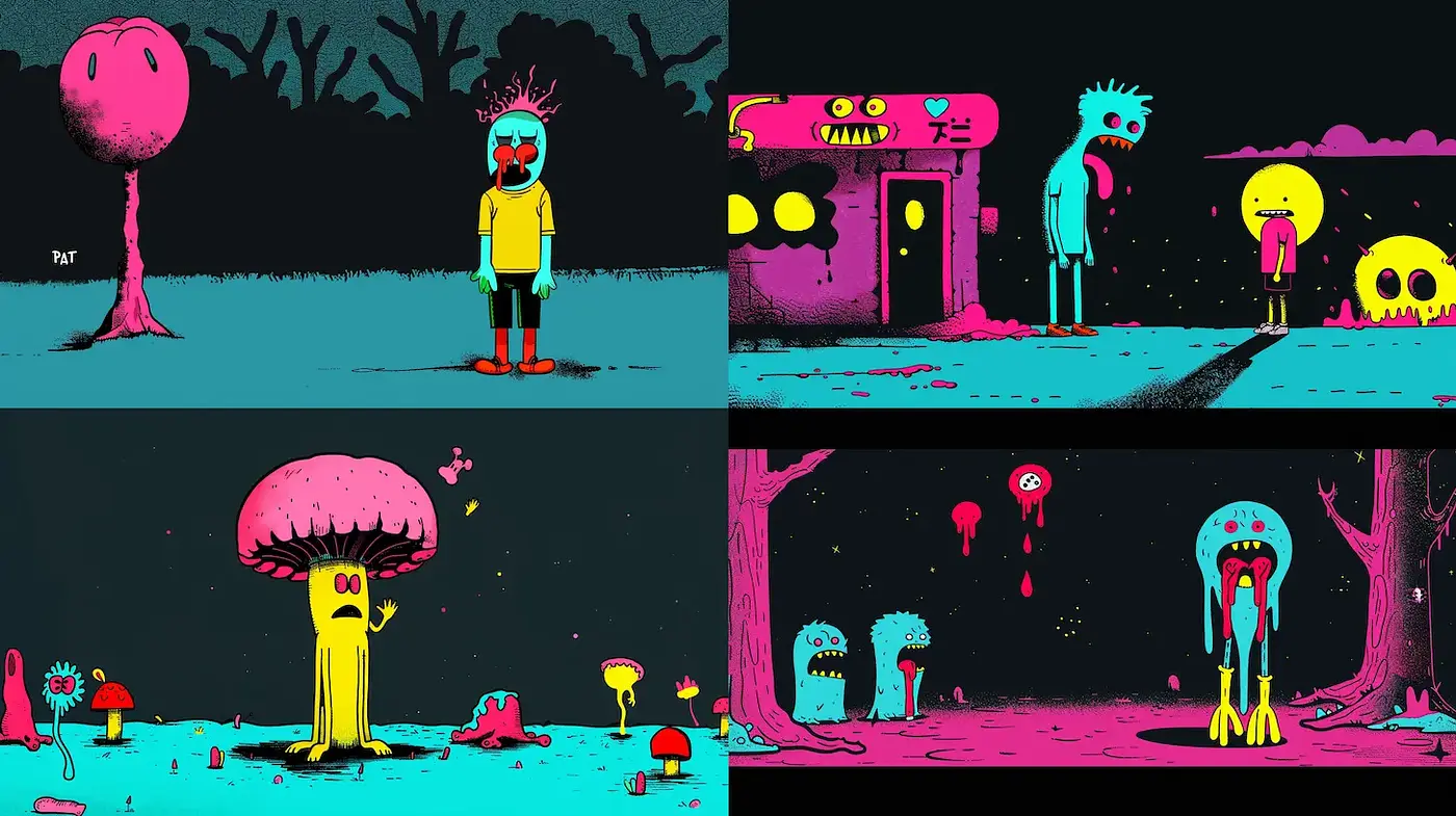 Vibrant Surrealism with Bold Cartoon Elements - Midjourney sref style