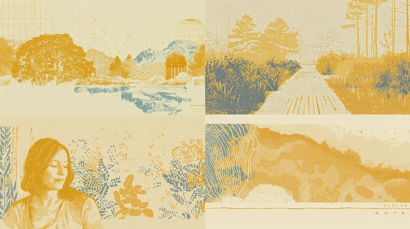 Consistent vintage aesthetic with serene landscapes and human elements - Midjourney sref style