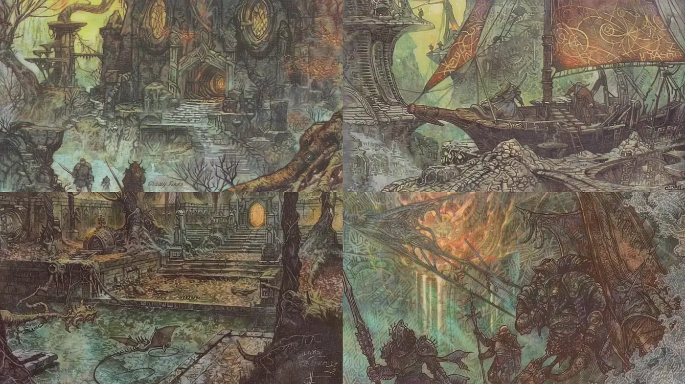 Intricate Fantasy Landscapes with a Distinctive Aesthetic - Midjourney sref style