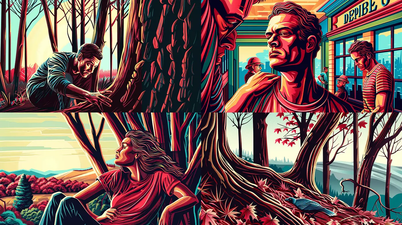 Vivid Contrasts in Stylized Nature and Urban Life Tableaus - Midjourney sref style