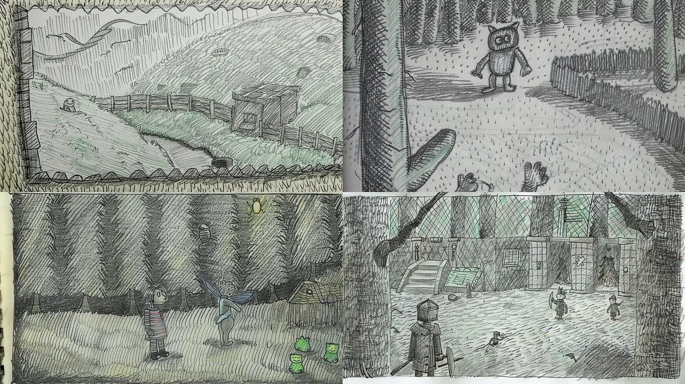 Sketch-like Crosshatched Vignettes with Monochromatic Tones - Midjourney sref style