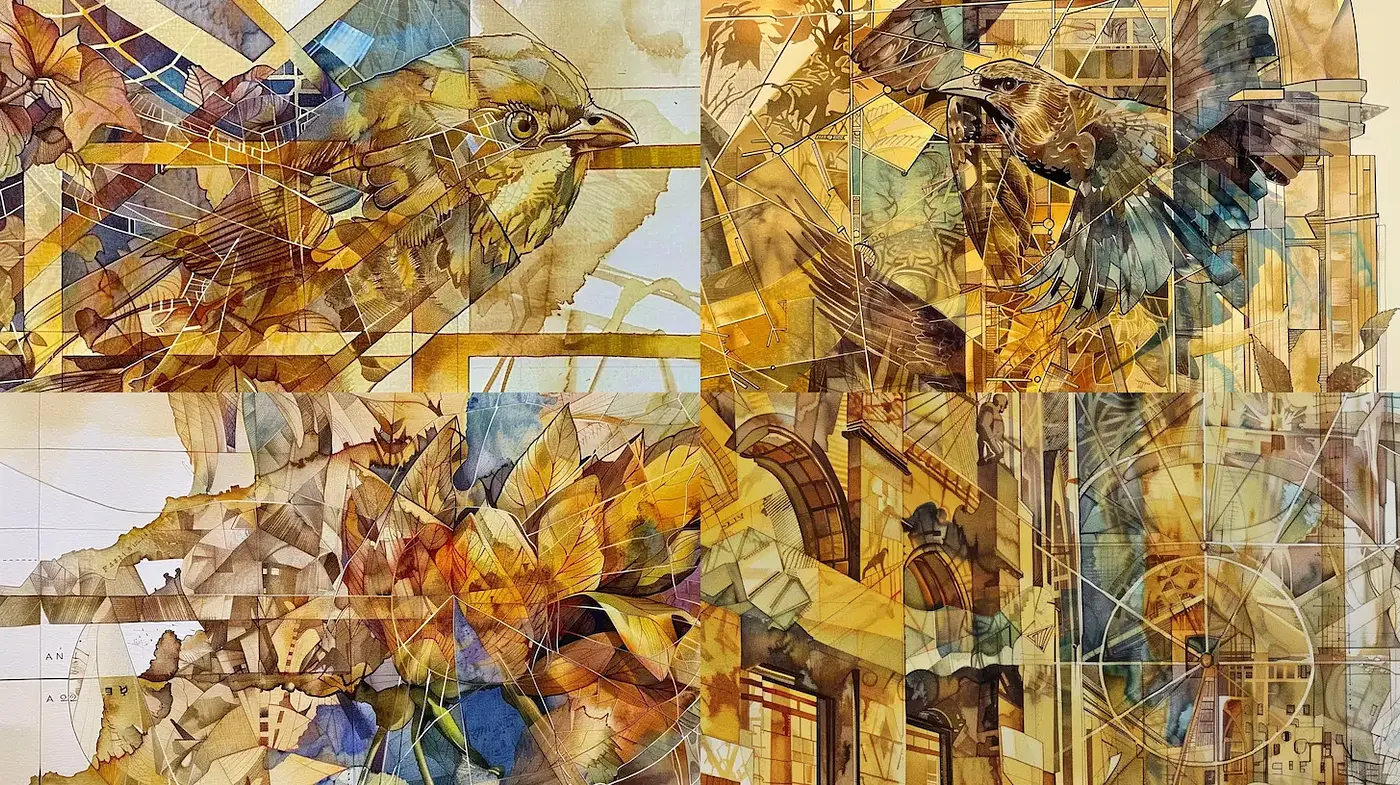 Abstract Geometric Watercolor with Natural Elements - Midjourney sref style