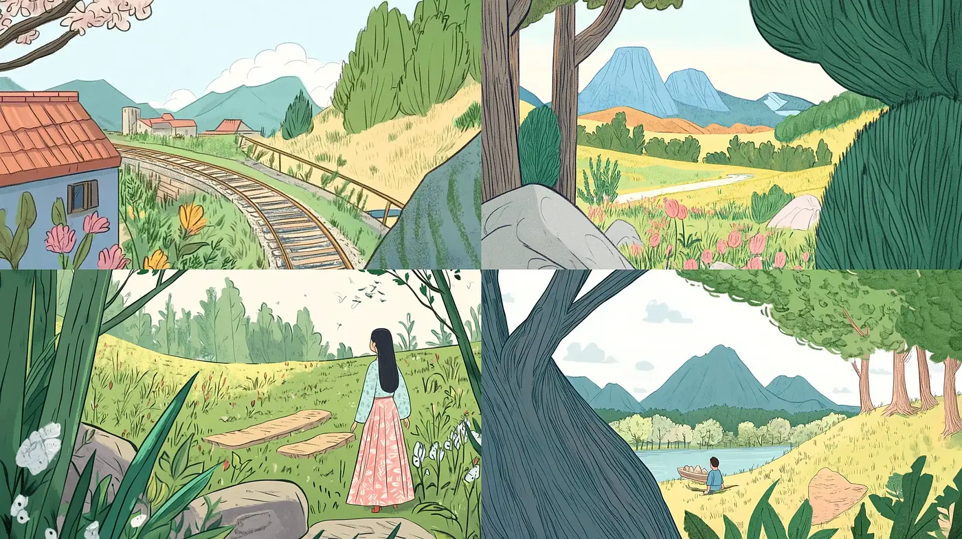 Serene Pastoral Elegance: An Homage to Tranquil Landscapes and Light Anime Aesthetics - Midjourney sref style