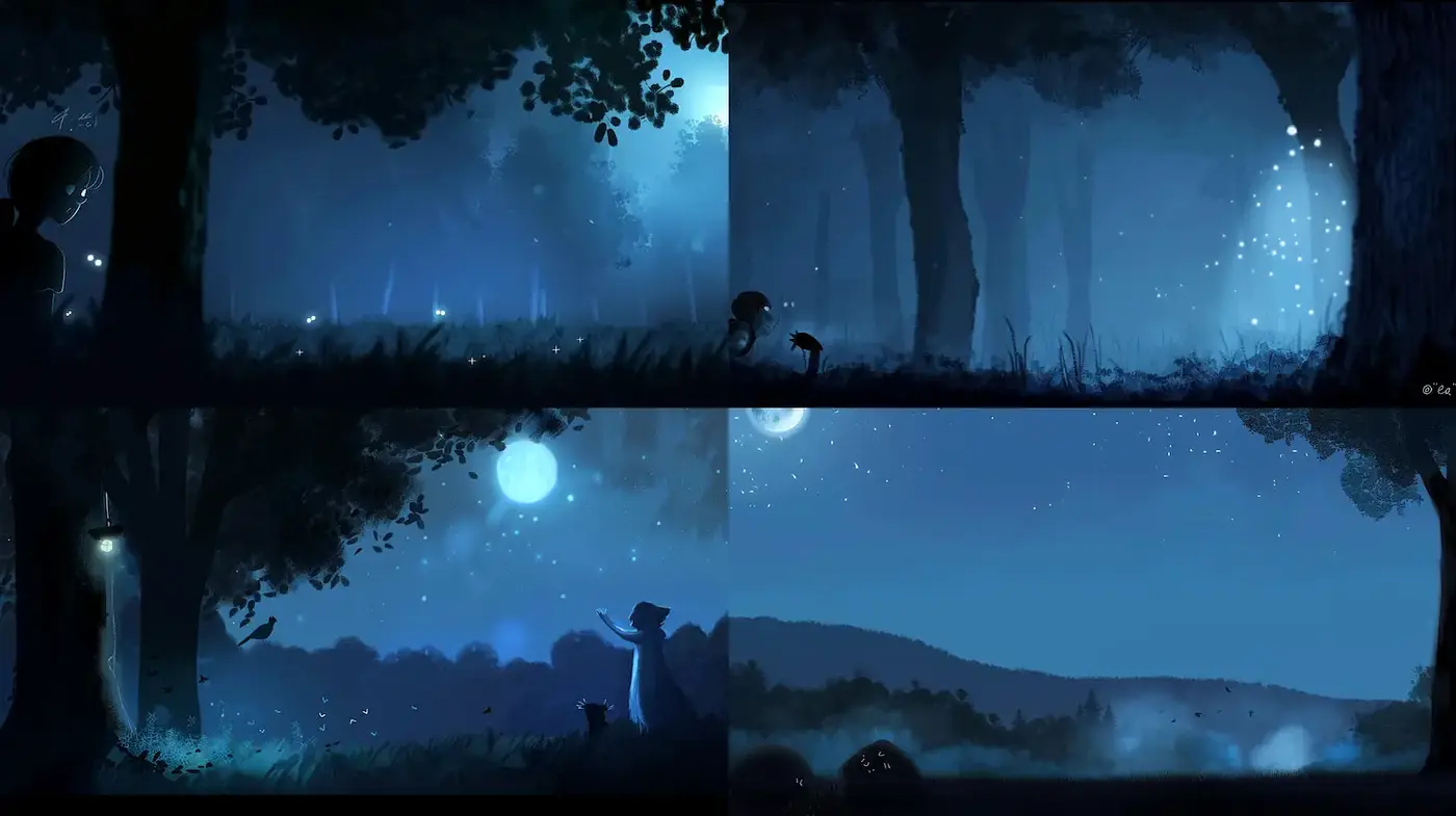 Ethereal Blue Serenity with Mystical Forest Elements - Midjourney sref style