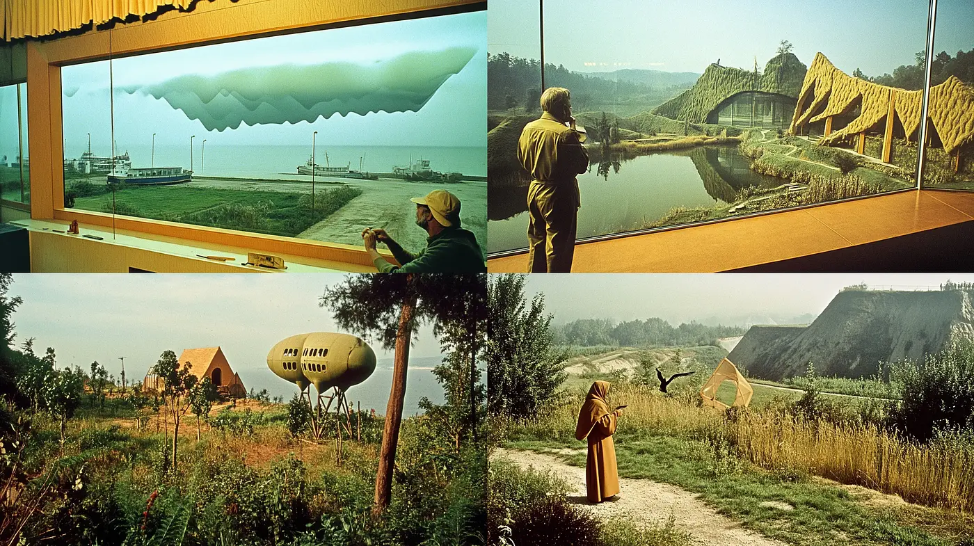 Retrofuturistic Serenity in Lush Countryside Vistas - Midjourney sref style