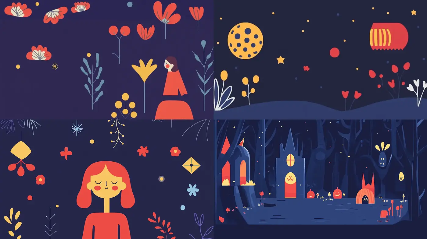 Whimsical Midnight Garden: A Coherent Fusion of Folk Art and Modern Illustration - Midjourney sref style